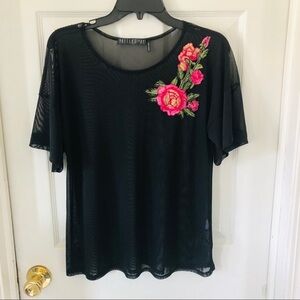 POTTERS POT Black mesh sheer floral embroidered top size medium